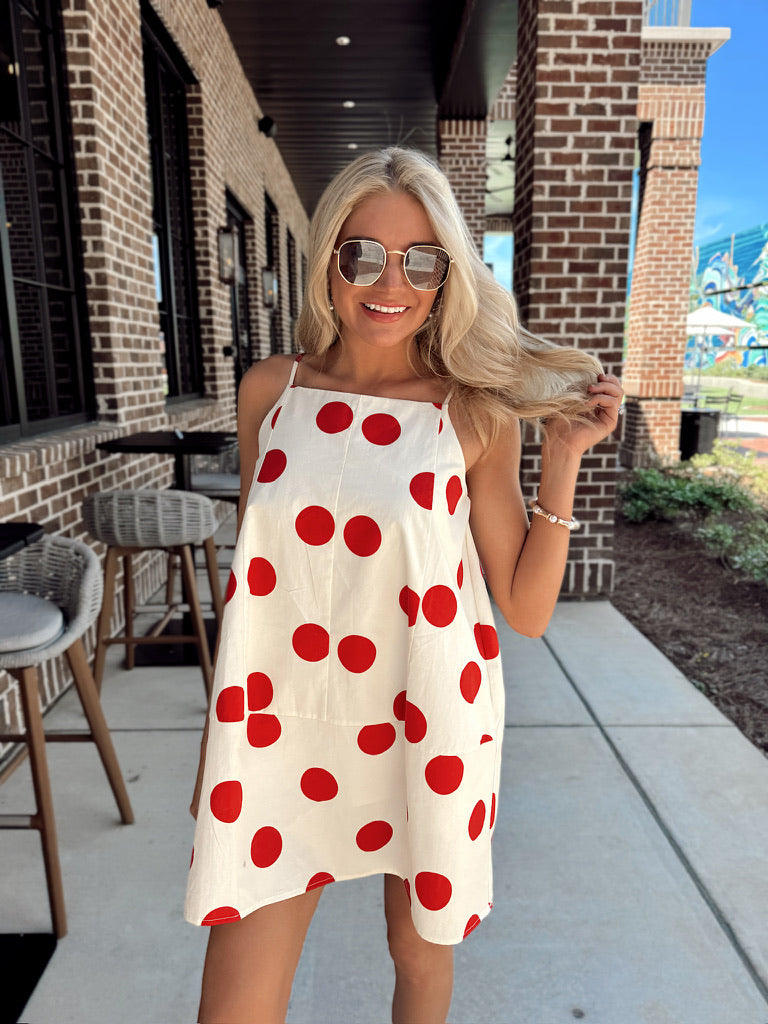 open lace back dress Red Polka Pleat Detail Mini Dress