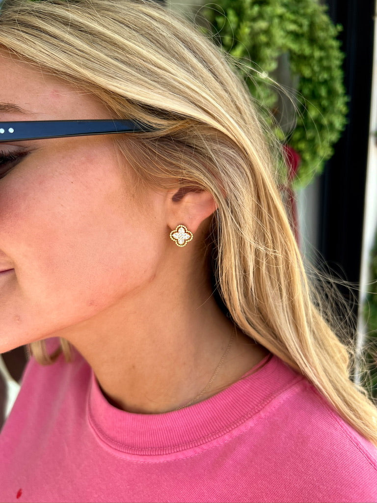 Textured Rhinestone Embellished Clover Studs