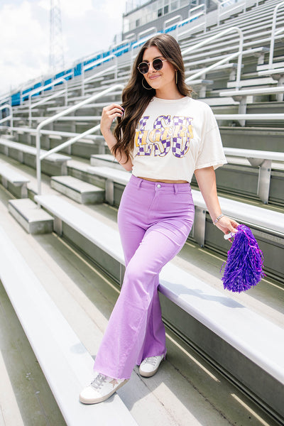 LivyLu LSU Twisted Check Distressed Tee