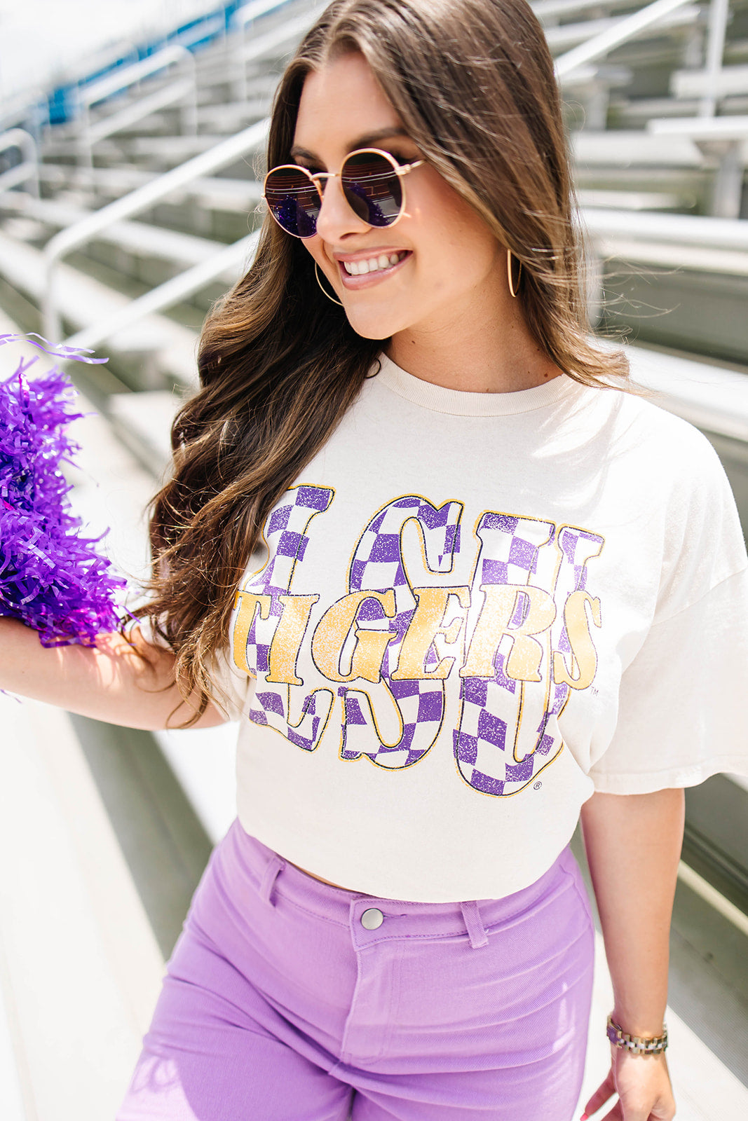 LivyLu LSU Twisted Check Distressed Tee