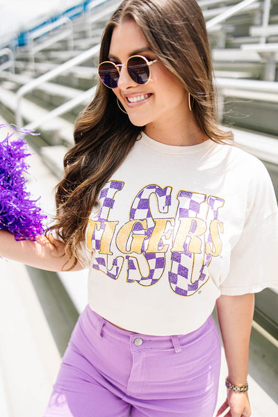 LivyLu LSU Twisted Check Distressed Tee