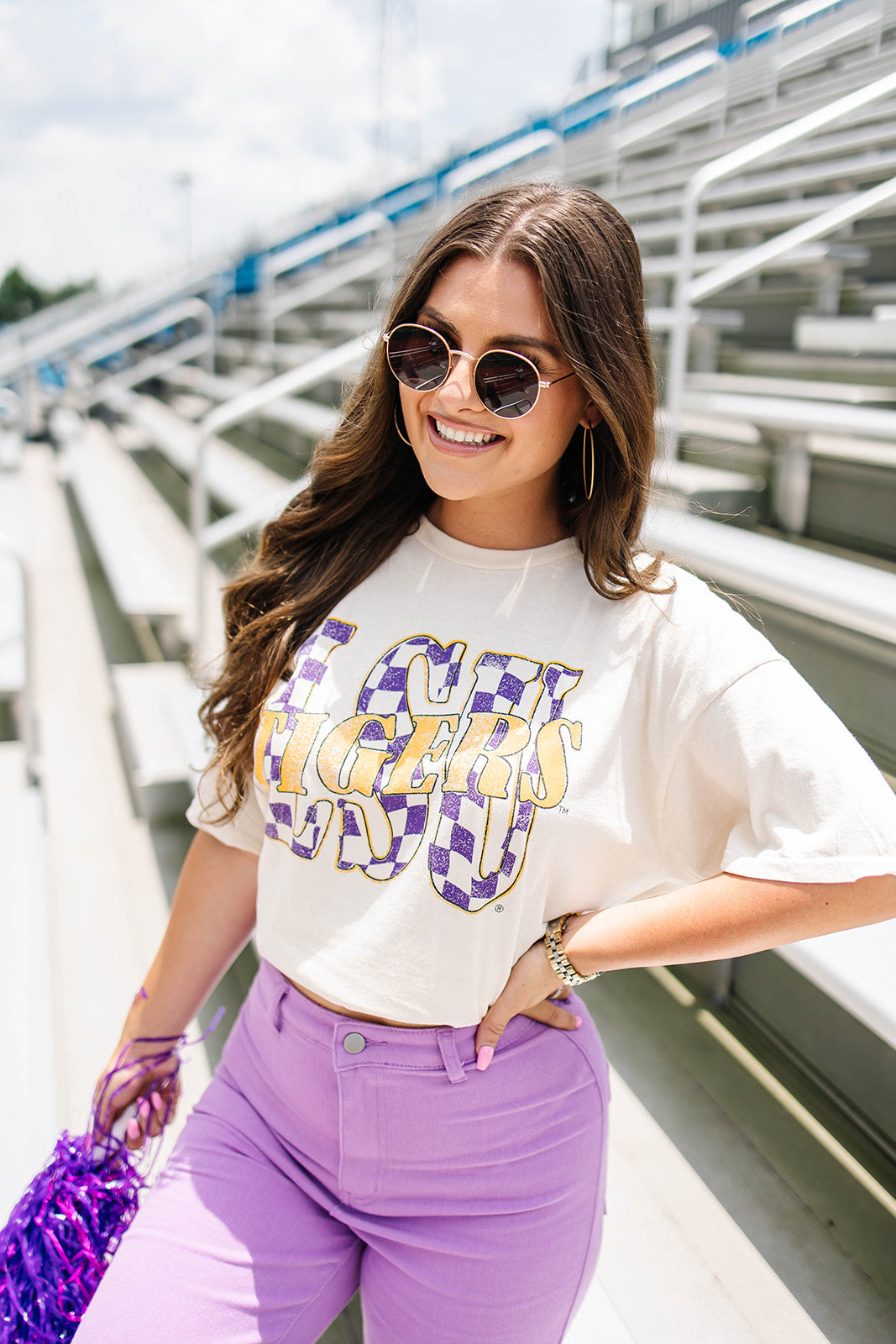 LivyLu LSU Twisted Check Distressed Tee