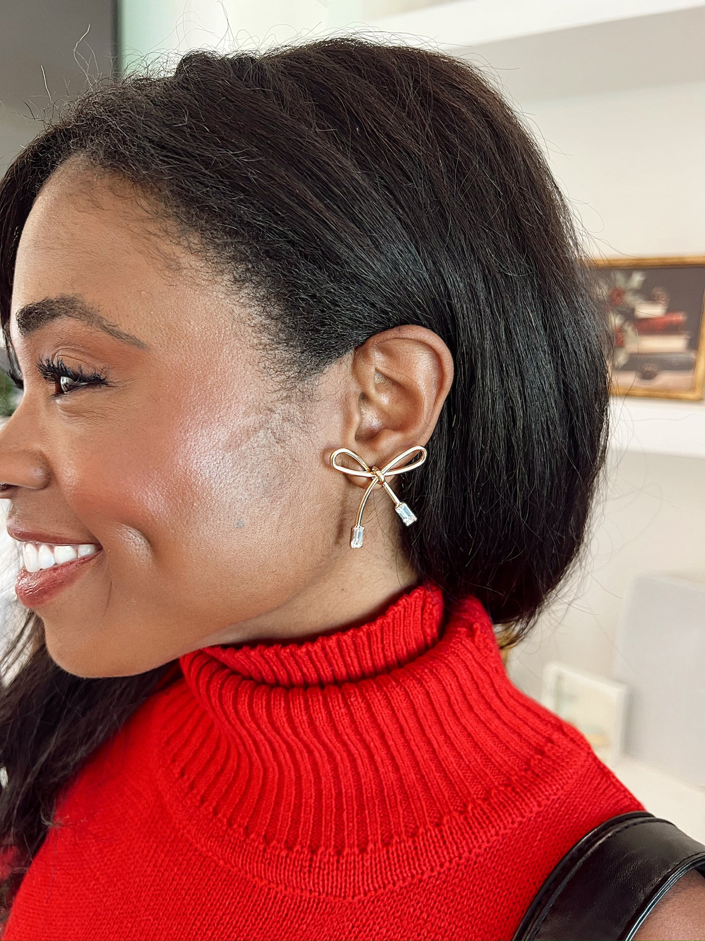 Gold Bow Earrings With Baguette Rhinestone