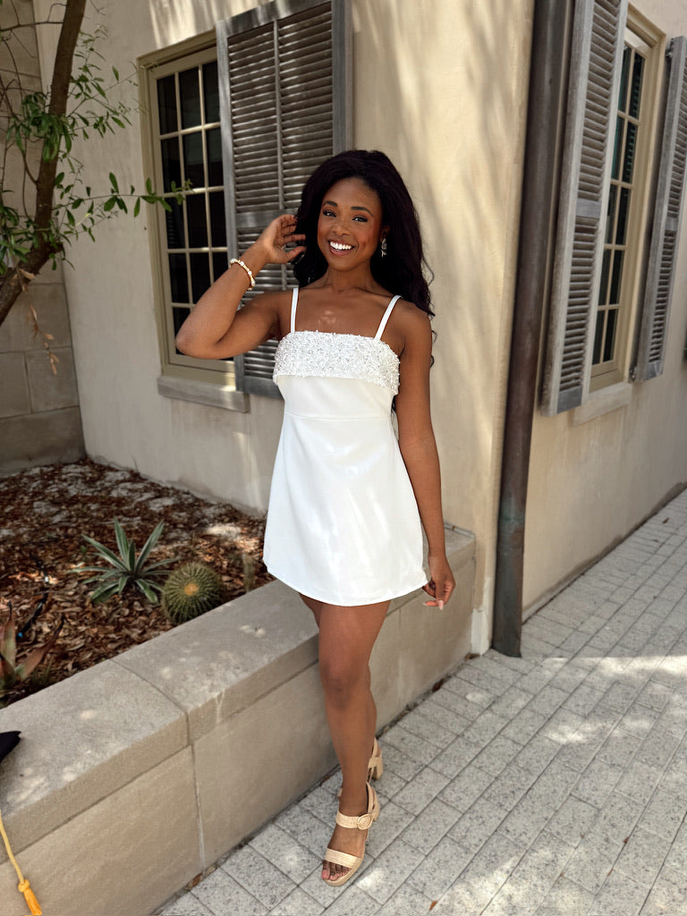 white mini sequin dress Built To Shine Mini Sequin Dress