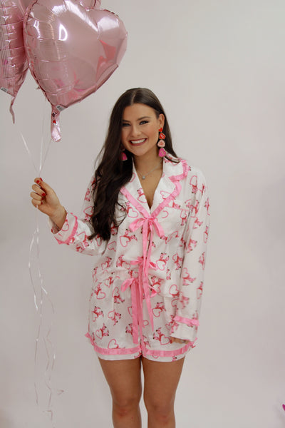 Hearts & Boots Satin Two Piece Pajama Set