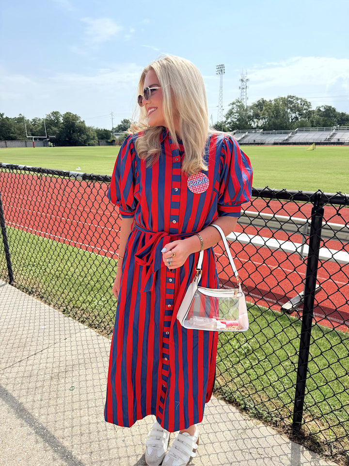 red stripe midi dress THE HARLOW STRIPED SMOCKED DRESS IN RED