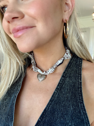 Graphic Print Scarf Necklace With Charm