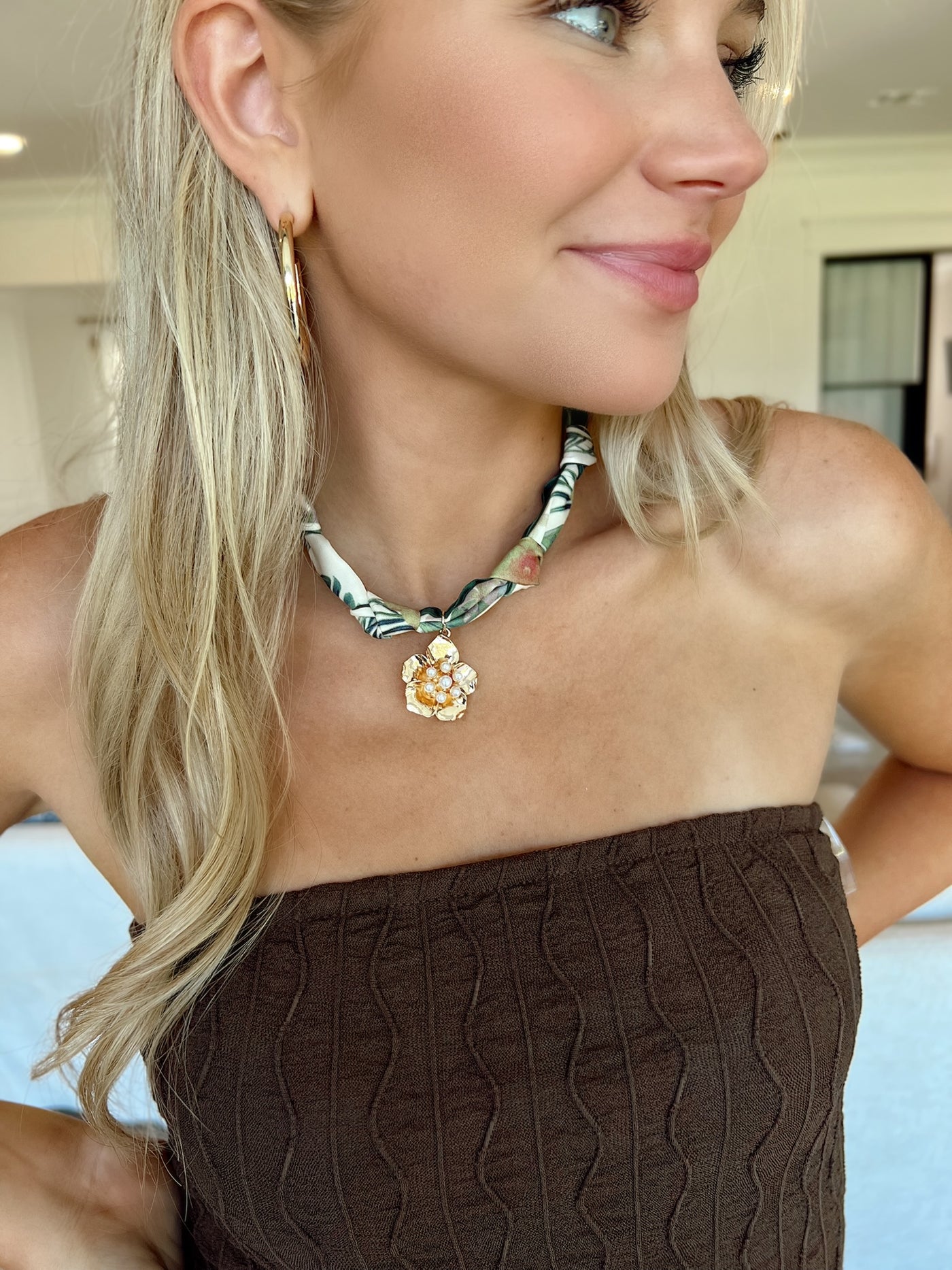 Graphic Print Scarf Necklace With Charm