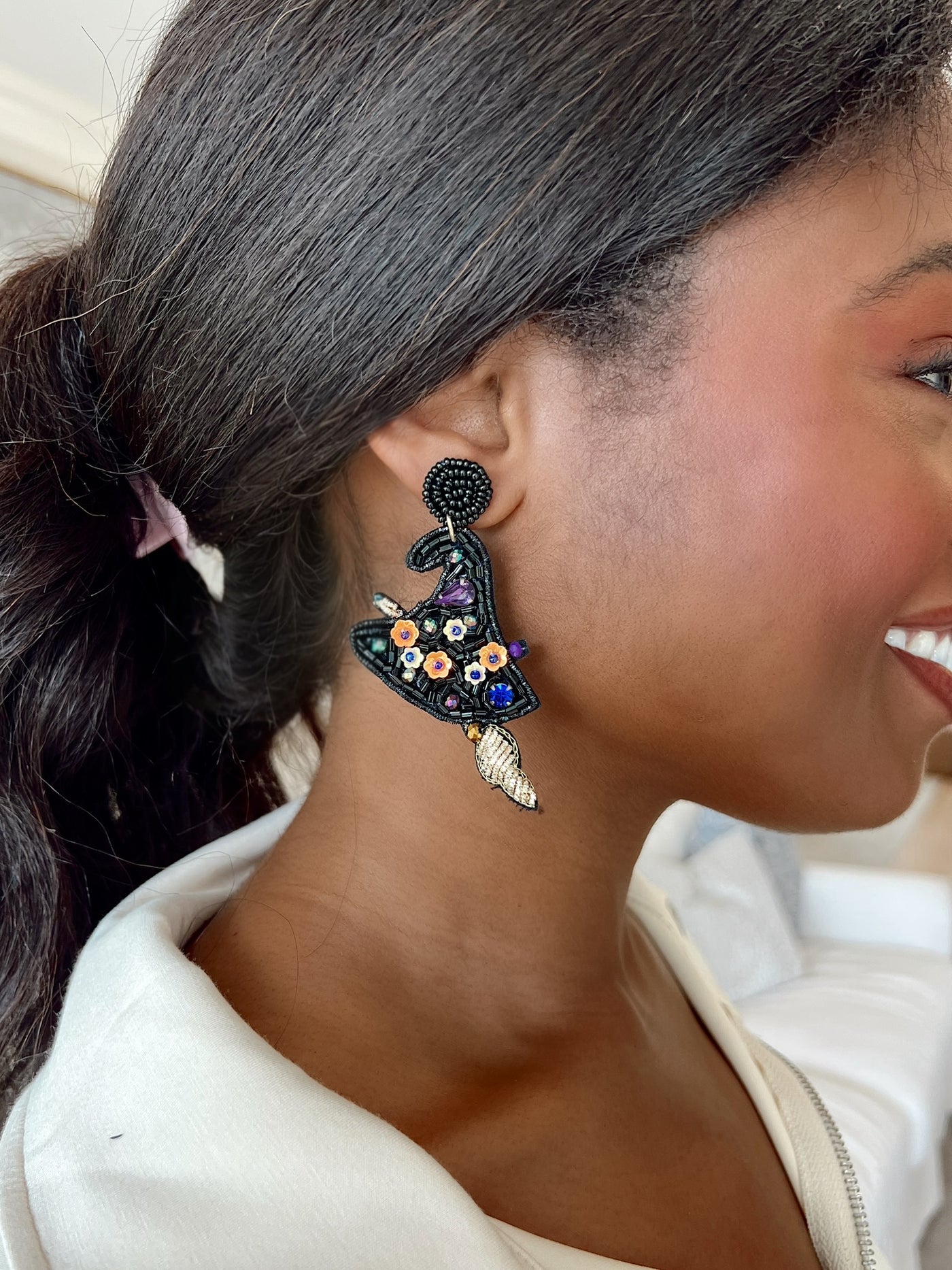 Fancy Witch Hat Beaded Drop Earrings