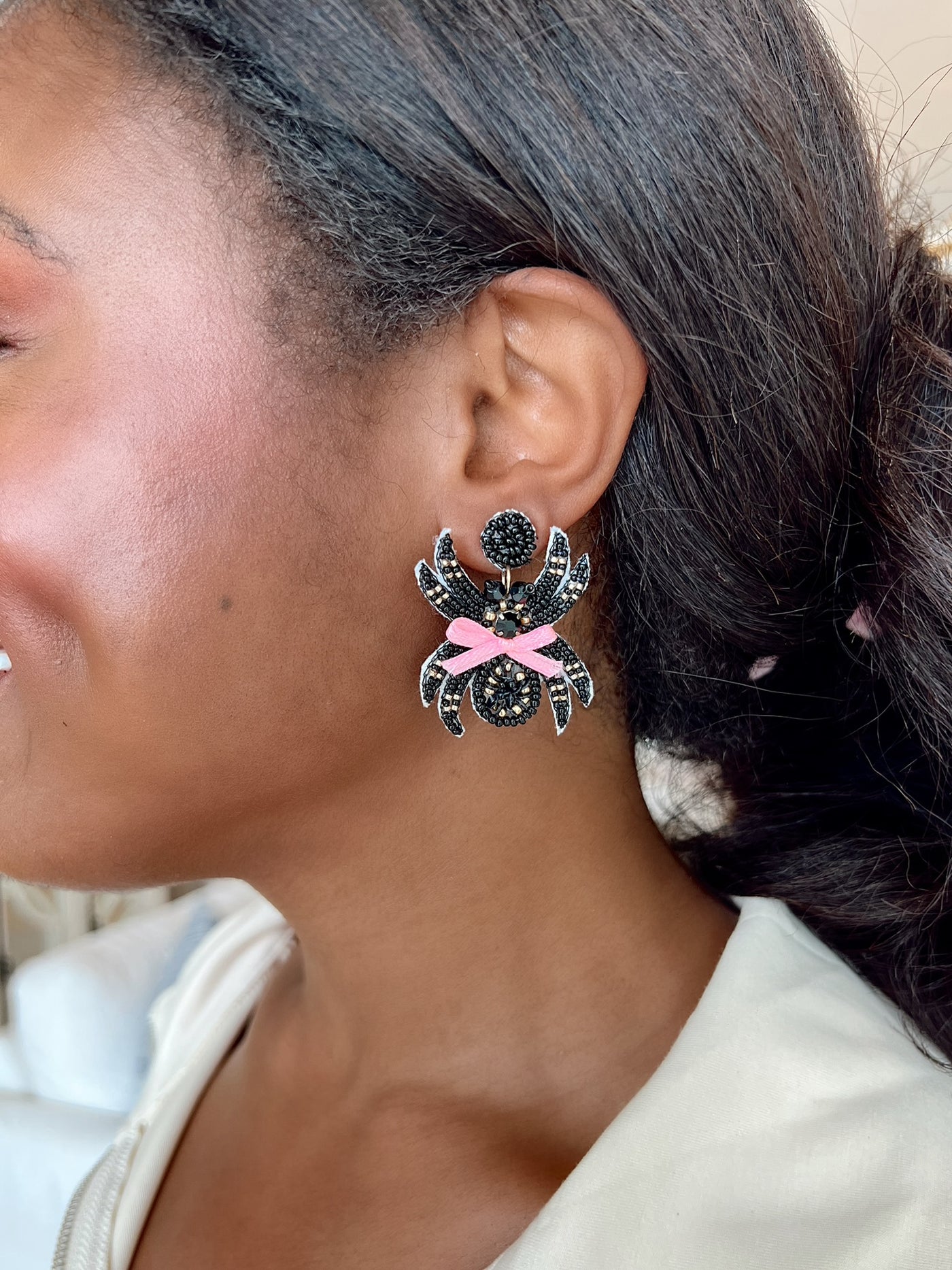 Spider With Bow Beaded Drop Earrings