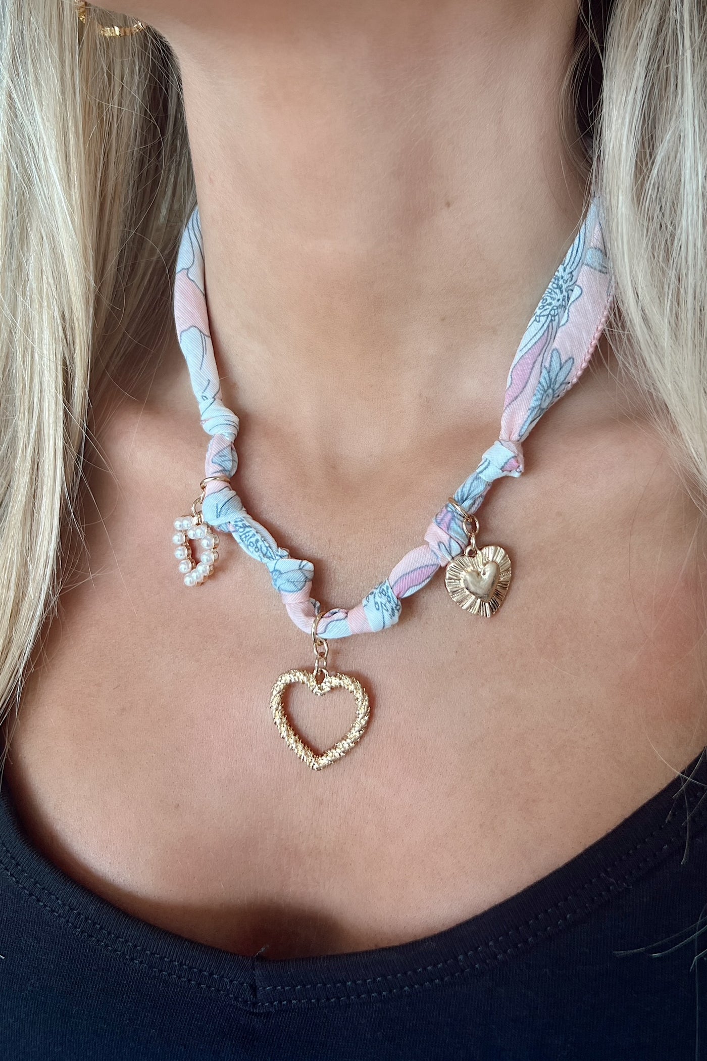 Floral Scarf Necklace With Heart Charm