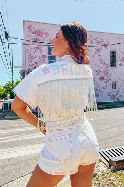 By Invite Only Fringe Denim Romper