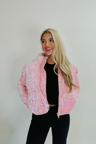 Undoubtedly Cute Sequin Puffer Jacket
