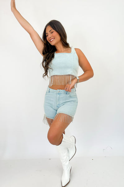 Priscilla Baby Rhinestone Fringe Two-Piece Denim Shorts Set