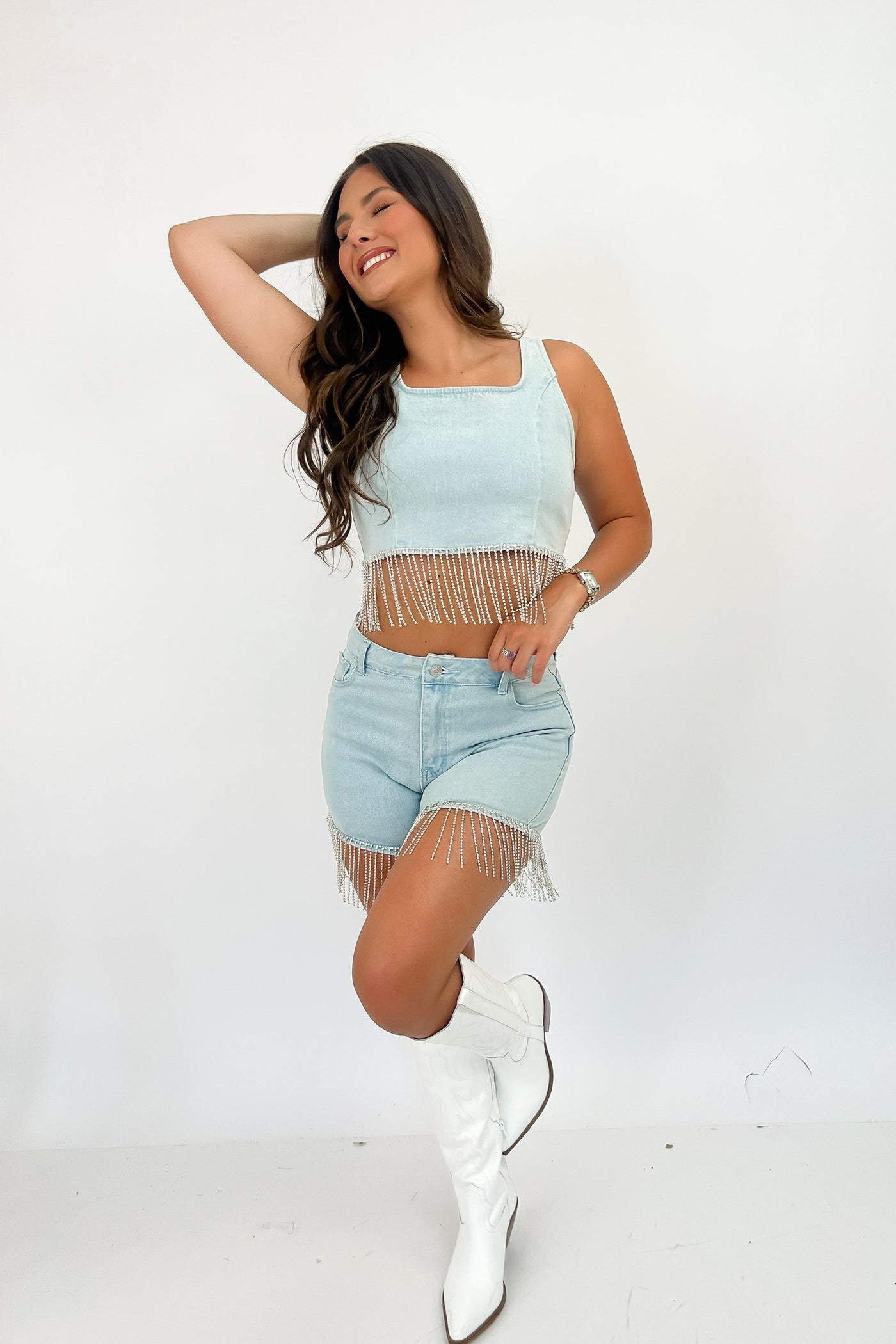 Priscilla Baby Rhinestone Fringe Two-Piece Denim Shorts Set