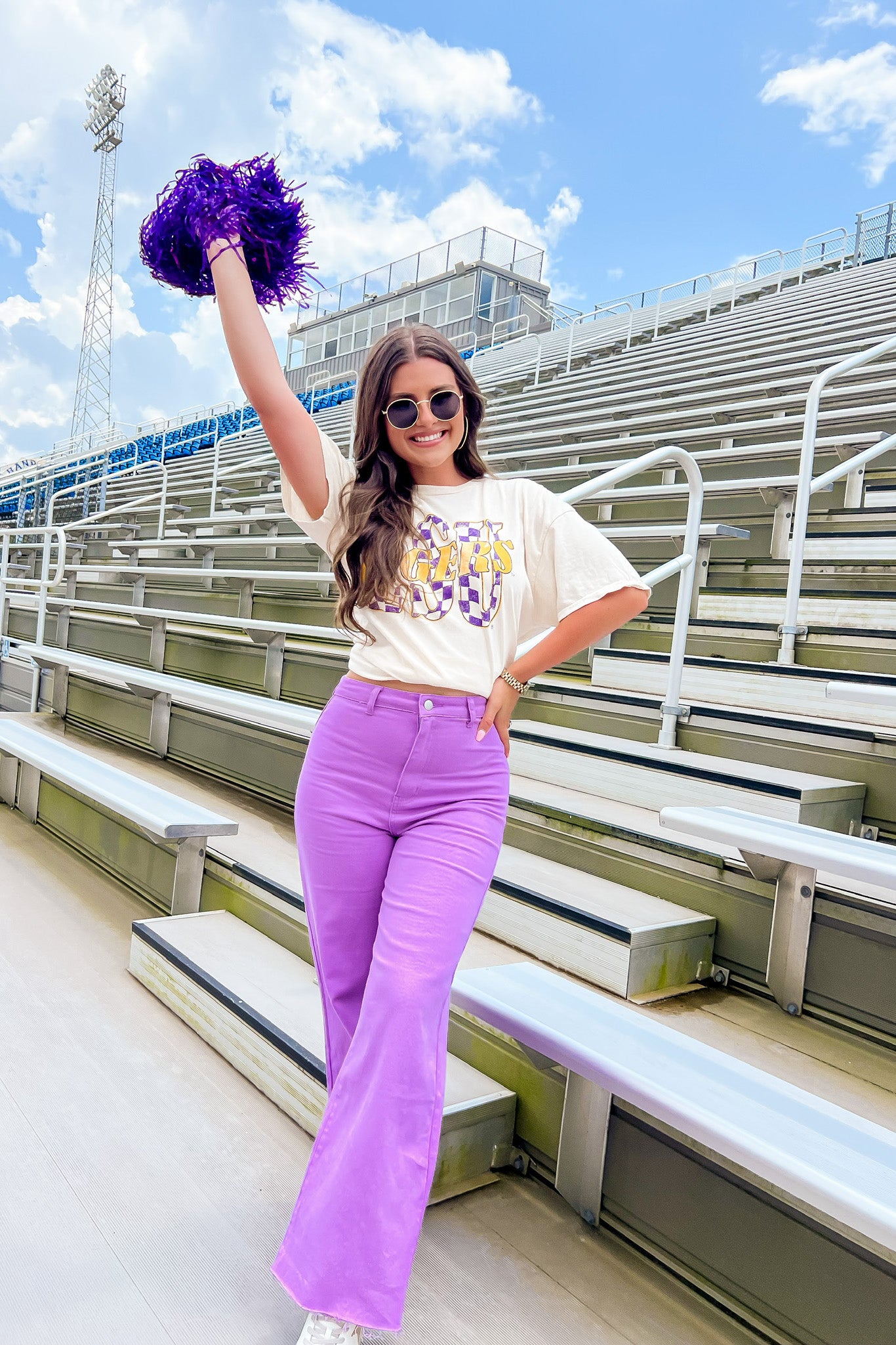 LivyLu LSU Twisted Check Distressed Tee