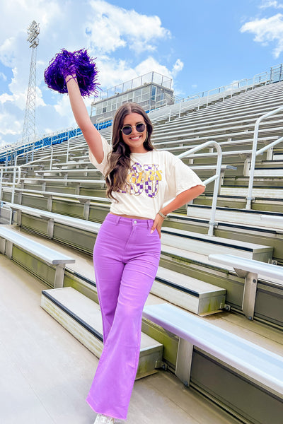 LivyLu LSU Twisted Check Distressed Tee