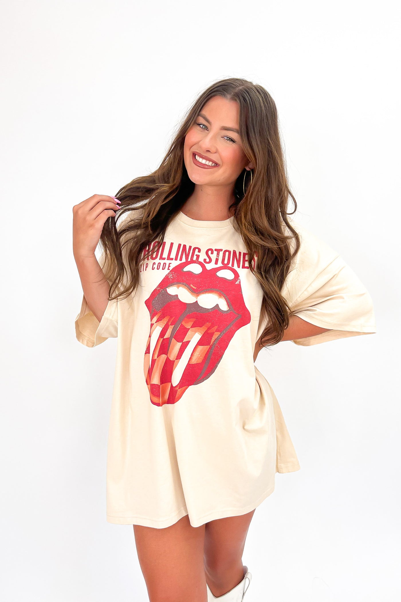 LivyLu Rolling Stones Zip Code Distressed Tee