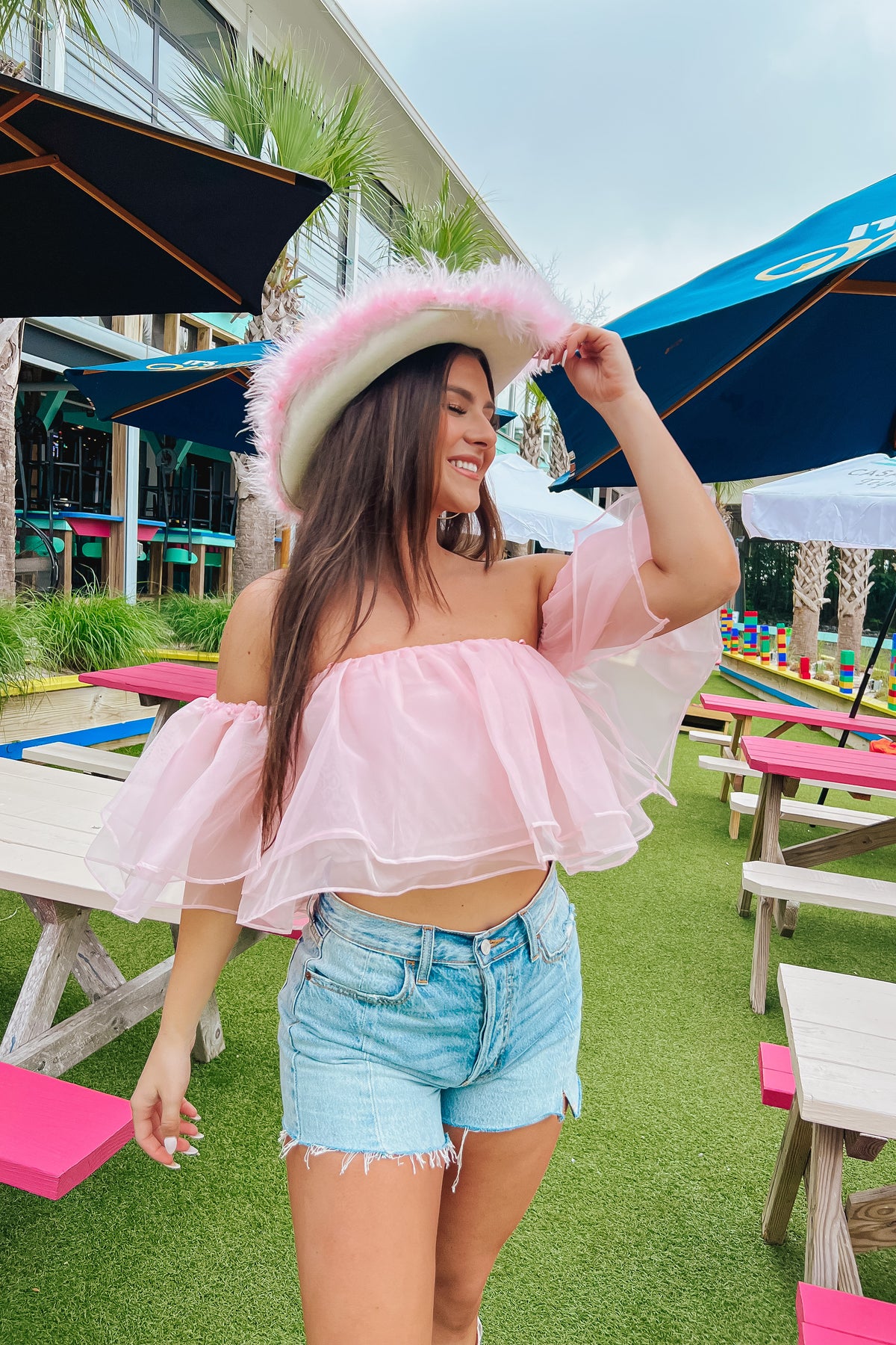 Romantic Pastel Baby Pink Tulle Tube Crop Top off Shoulder Puff