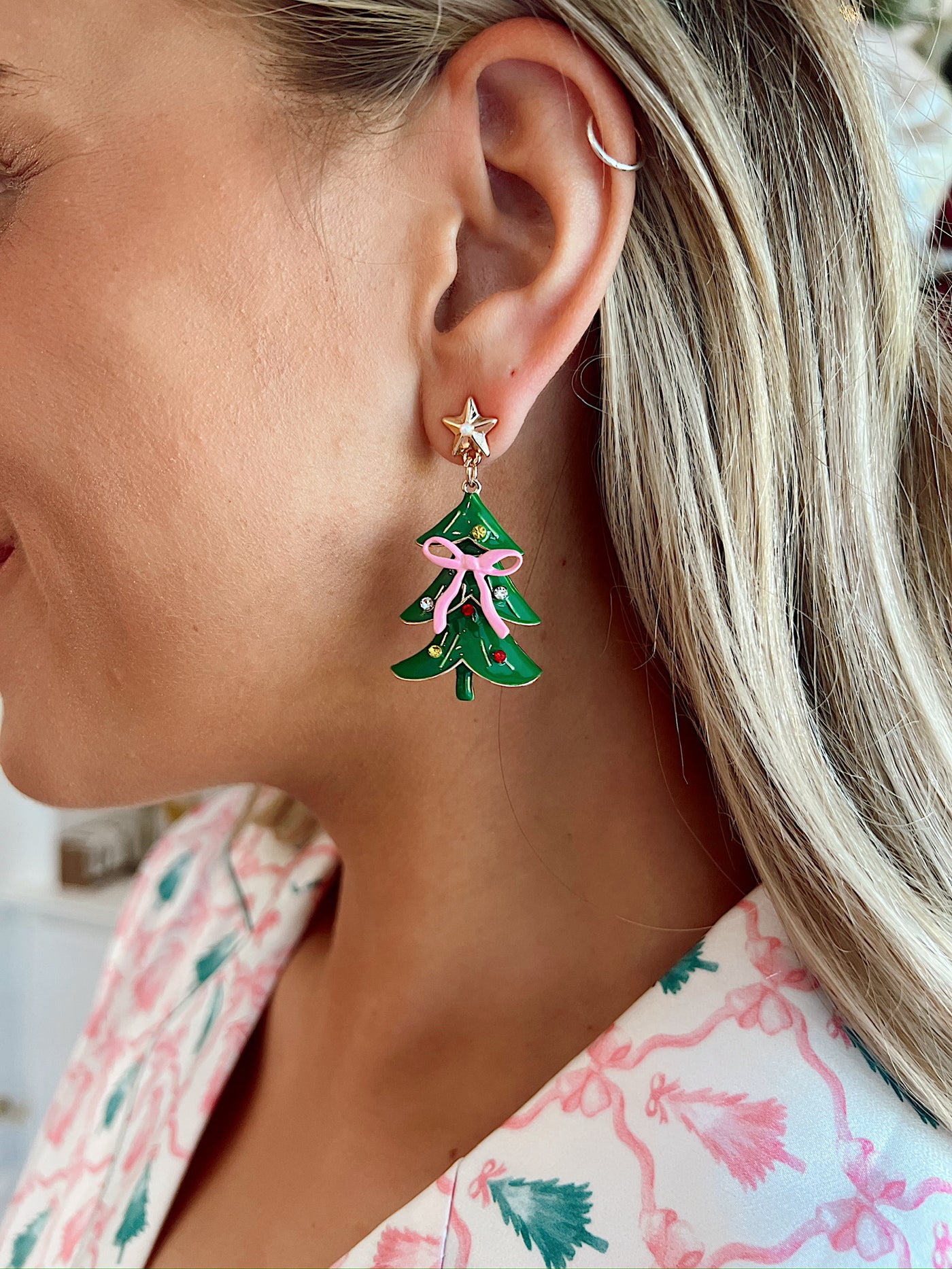 Pink Ribbon Christmas Tree Drop Earrings