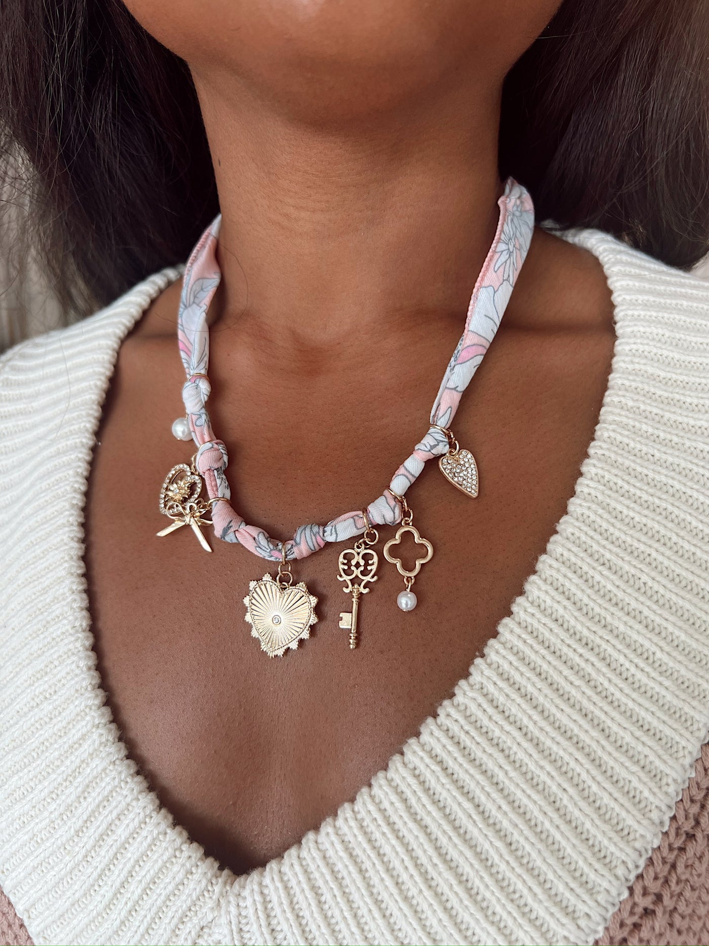 Floral Scarf Necklace With Key Charms