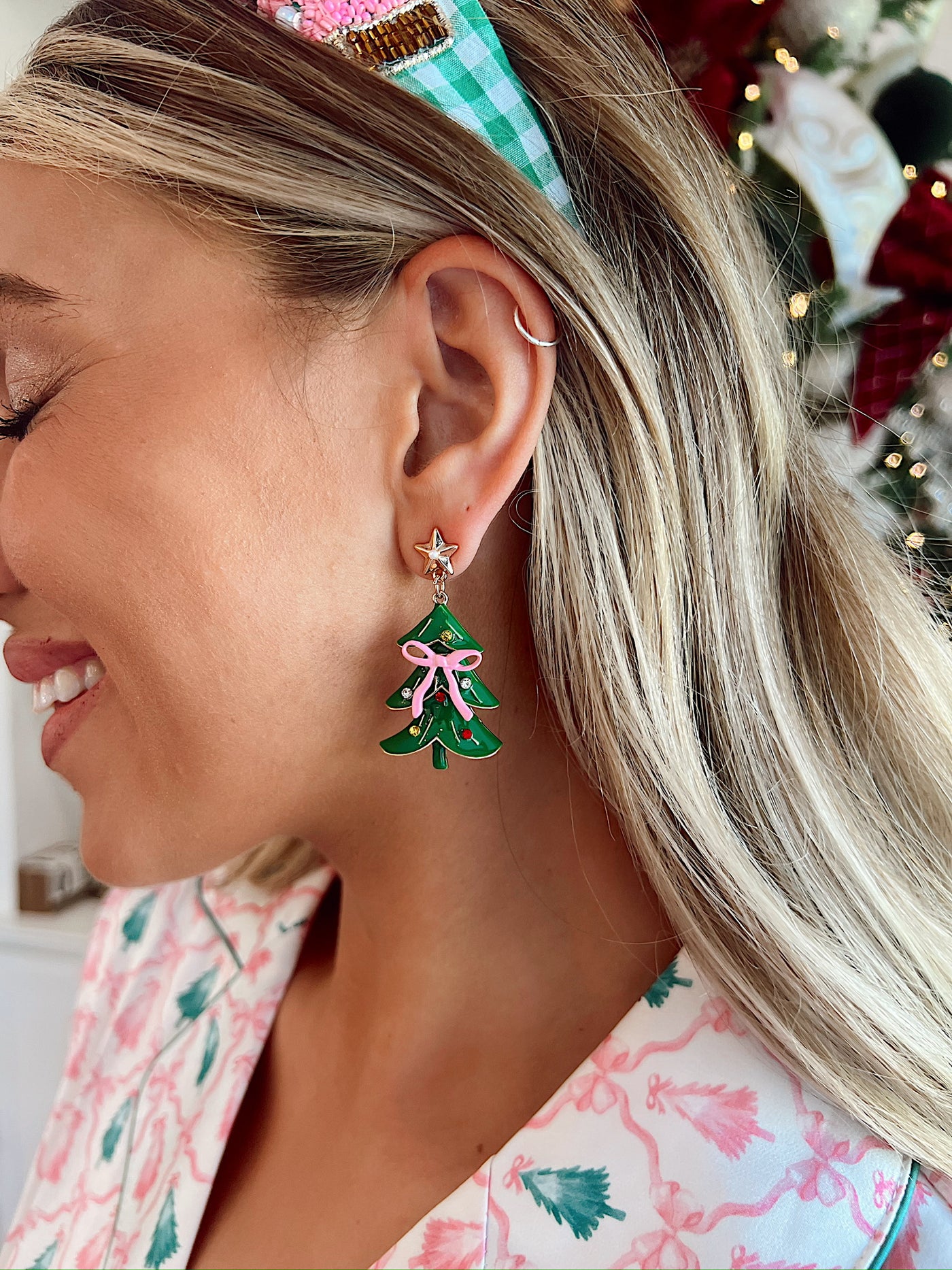 Pink Ribbon Christmas Tree Drop Earrings