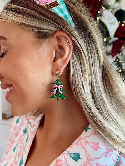 Pink Ribbon Christmas Tree Drop Earrings