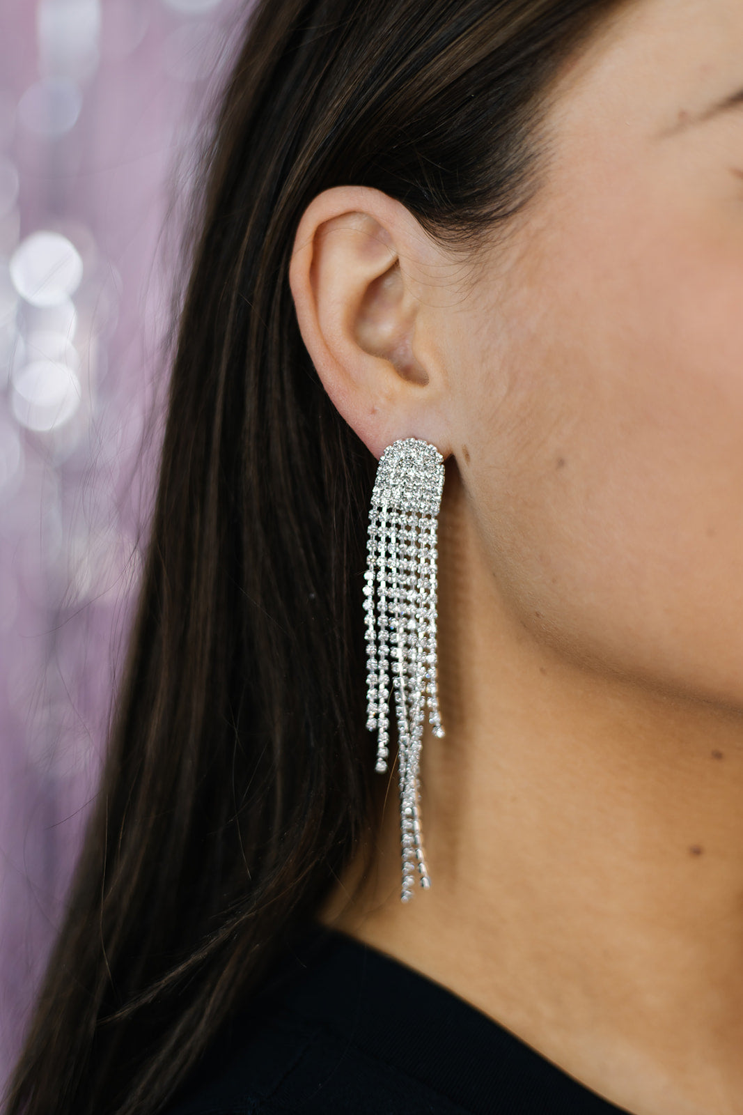 Half Moon Rhinestone Fringe Drop Earrings