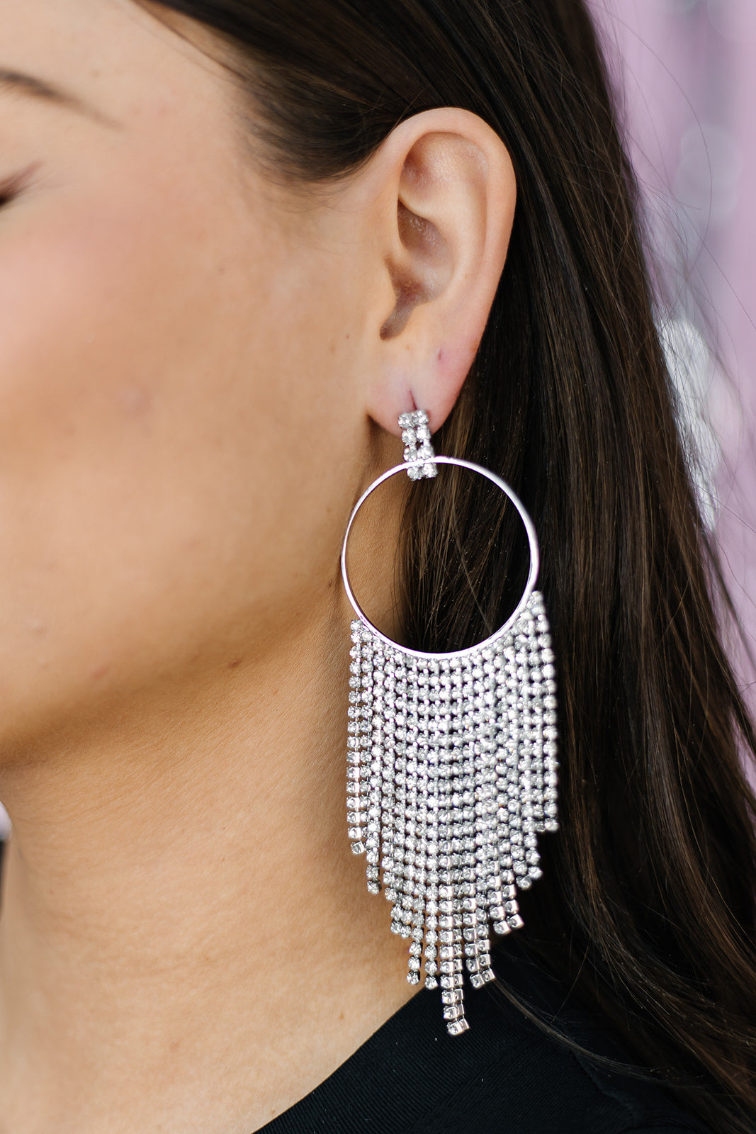 Circle Rhinestone Fringe Drop Earrings