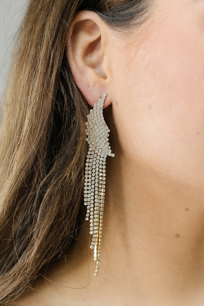Pave Curved Embellished Dangle Fringe Earrings