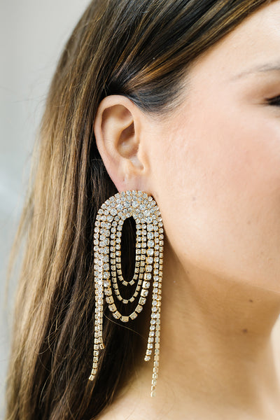 Oval Rhinestone Chain Post Fringe Earrings